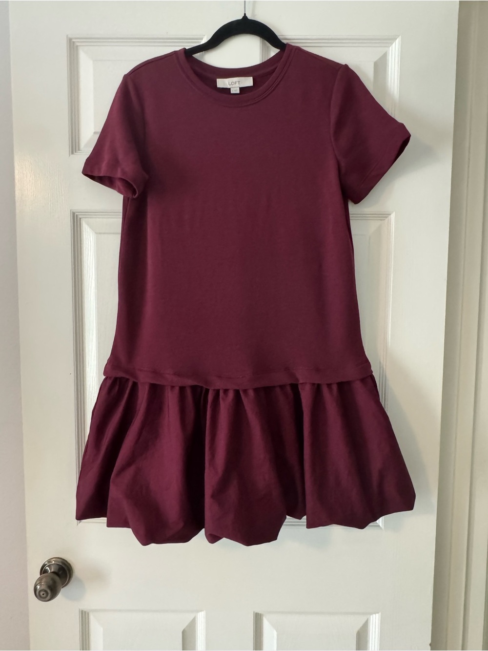 LOFT Maroon Short-Sleeve Drop-Waist Ruffle Hem Dress